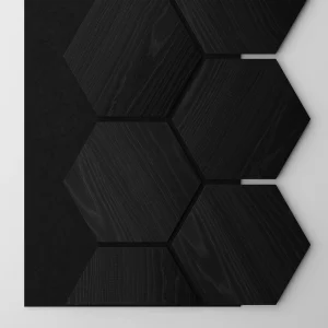 Ribbon-Hexagon Black Diamond Ash joint panel with black acoustic felt with dimensions