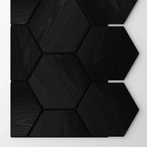 Ribbon-Hexagon Black Diamond Ash start panel with black acoustic felt with dimensions