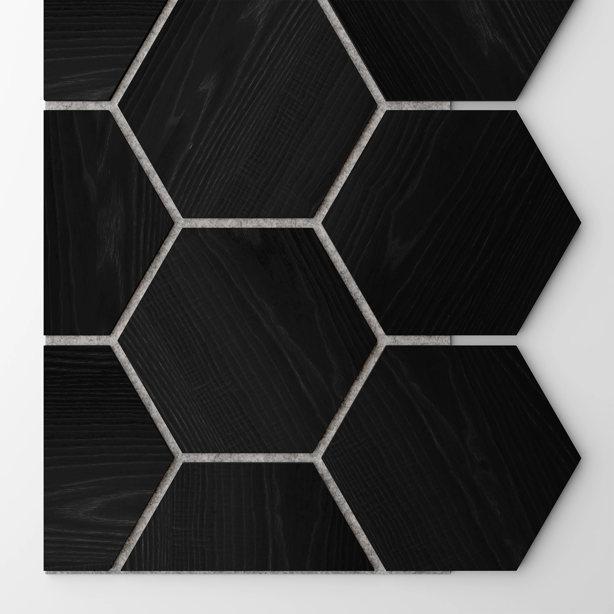 Ribbon-Hexagon Black Diamond Ash start panel with white acoustic felt with dimensions